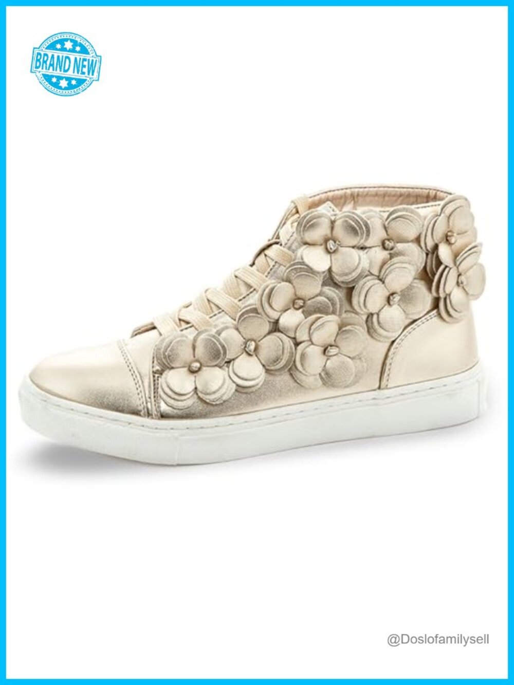 Metallic Faux Leather High-Top Sneakers with 3D Flower Detail Chunky Platform